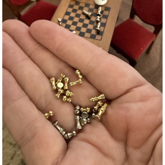 Dollhouse Lot Chess Set Board Marquetry Game Table Chairs Miniature 1:12 Vintage - Picture 5 of 5